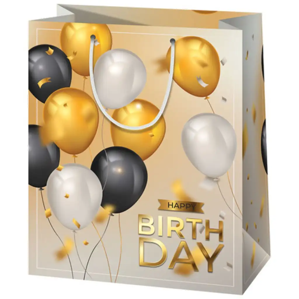 Happy Birthday! arany lufis exkluzív közepes méretű ajándéktáska 18x10x23cm kép 1