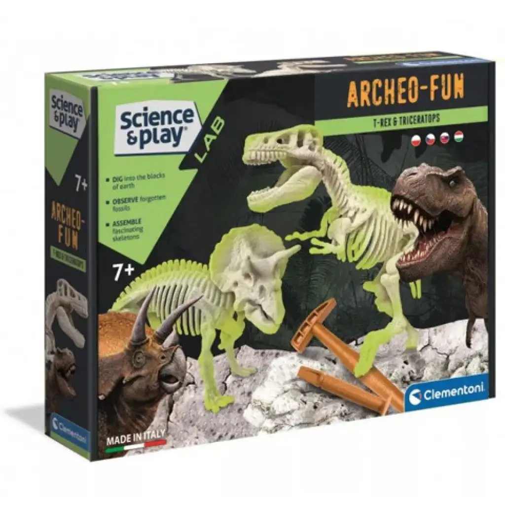 Science&Play: Archeofun Világító T-rex és Triceratops régész szett - Clementoni kép 1