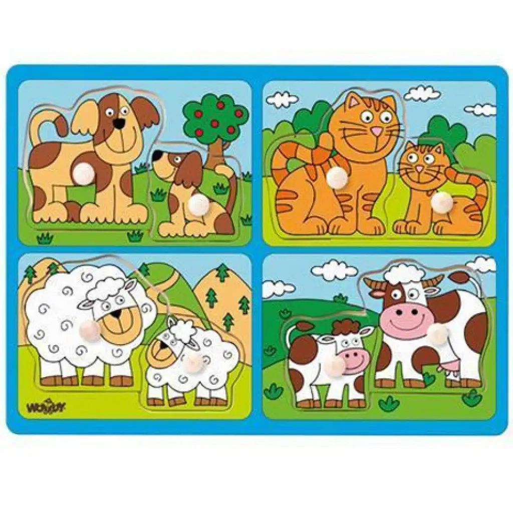 Állatok kicsinyükkel fa forma-puzzle fogantyúval - Woodyland kép 1