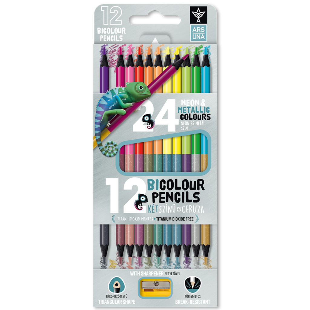 Ars Una: 12/24db-os neon-metál bicolor, háromszögletű színes ceruzakészlet, hegyezővel kép 1