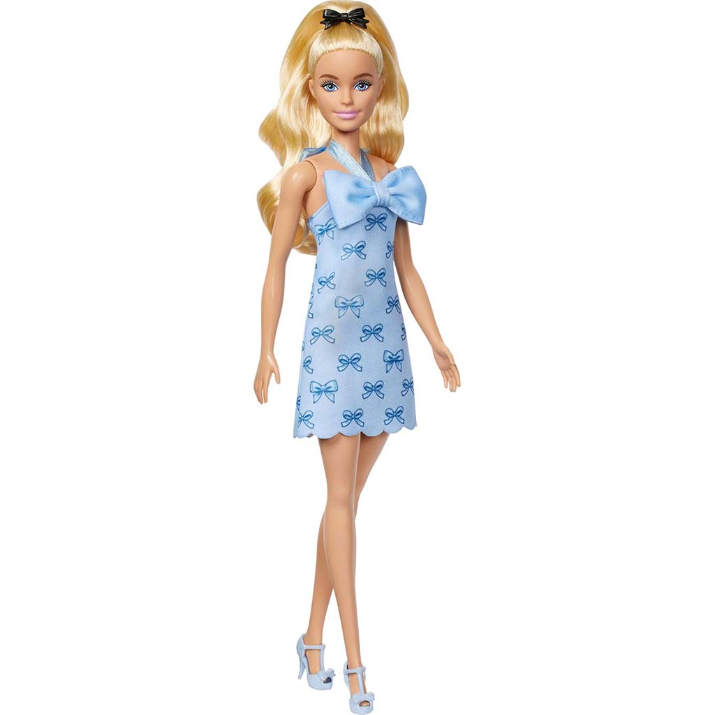 Barbie: Fashionista stílusos szőke baba csokornyakkendő mintás kék ruhában - Mattel kép 2