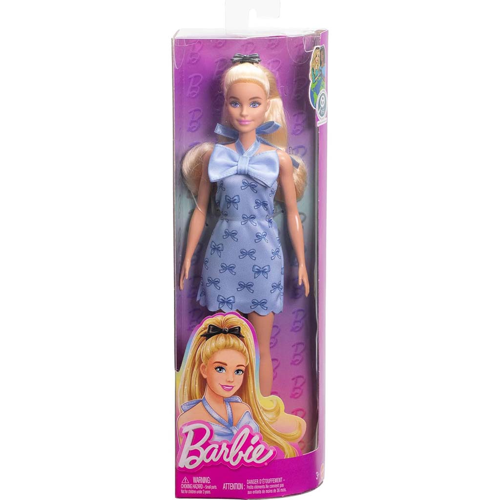 Barbie: Fashionista stílusos szőke baba csokornyakkendő mintás kék ruhában - Mattel kép 1