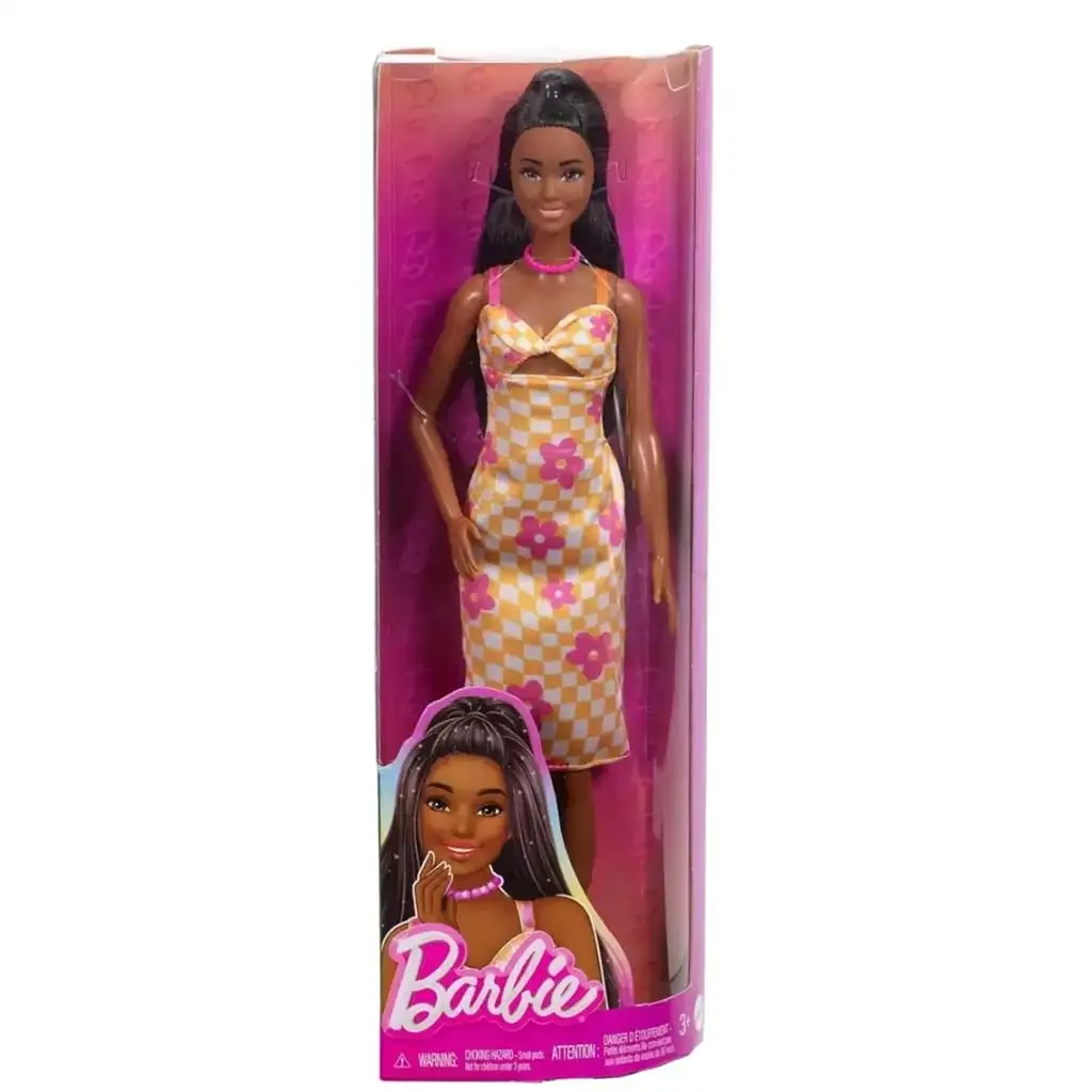 Barbie: Fashionista stílusos baba kockás, virágos mintás ruhácskában - Mattel kép 1