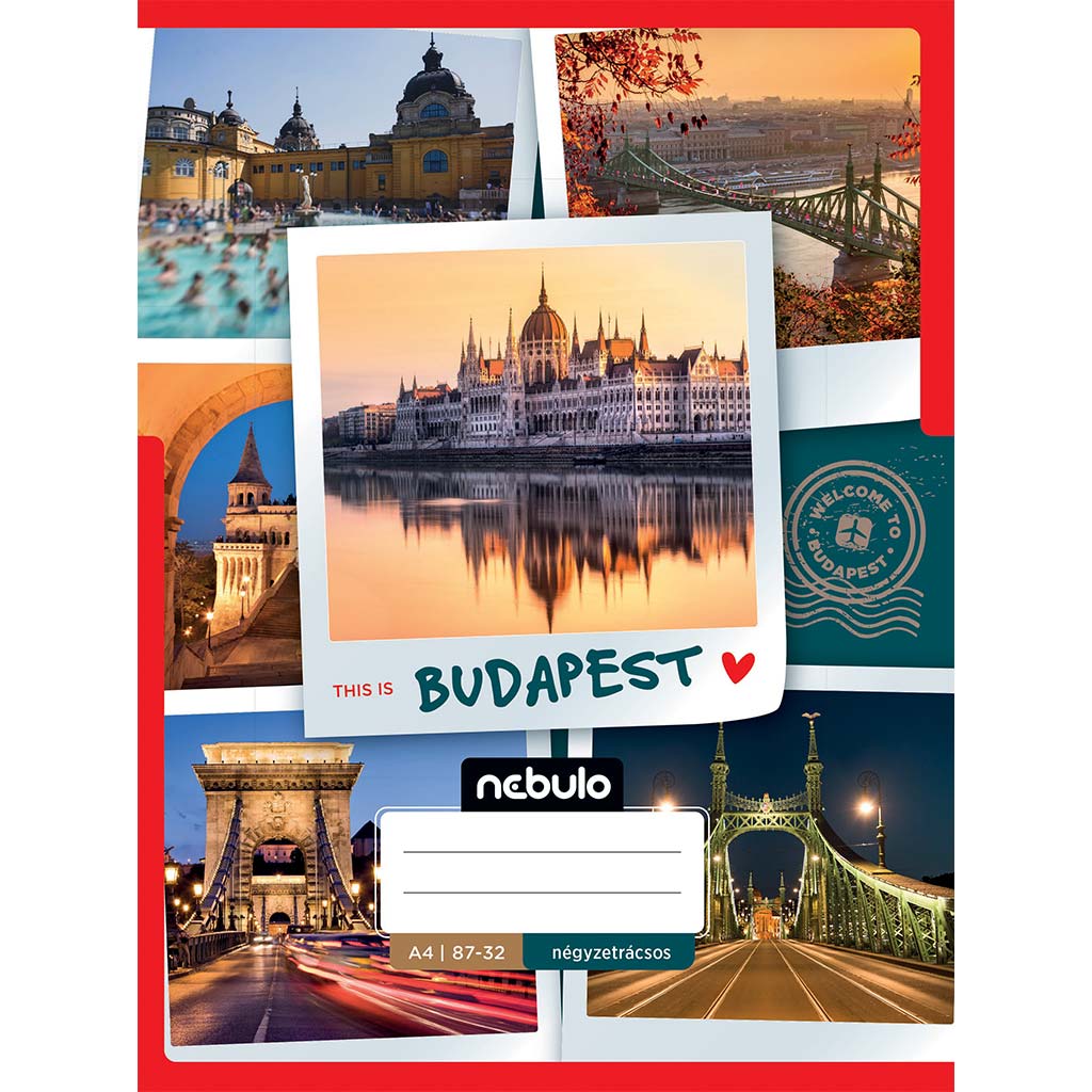 Nebulo: Tűzött kockás Budapest mintás füzet 87-32 A/4 kép 1