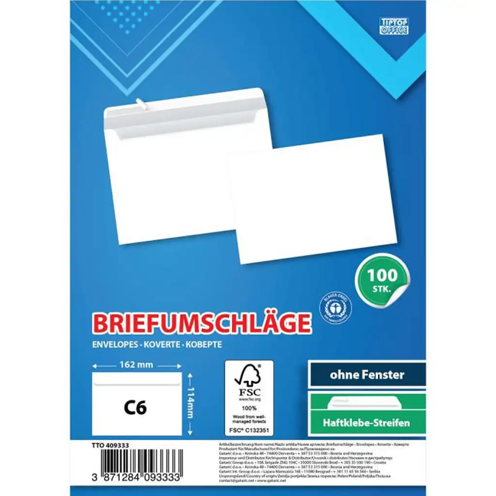 Spirit: Fehér boríték C6 11,4x16,2cm 100db-os csomag kép 1