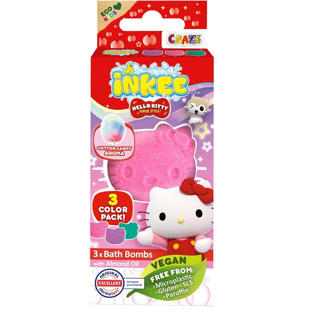 Craze Inkee: Vegán fürdő bomba formák - Hello Kitty vattacukor aromával 3db-os kép 1