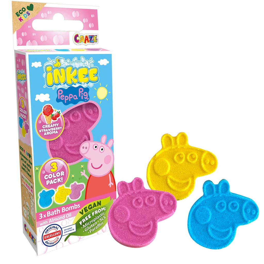 Craze Inkee: Vegán fürdő bomba forma - Peppa Malac eper aromával 3db-os kép 1