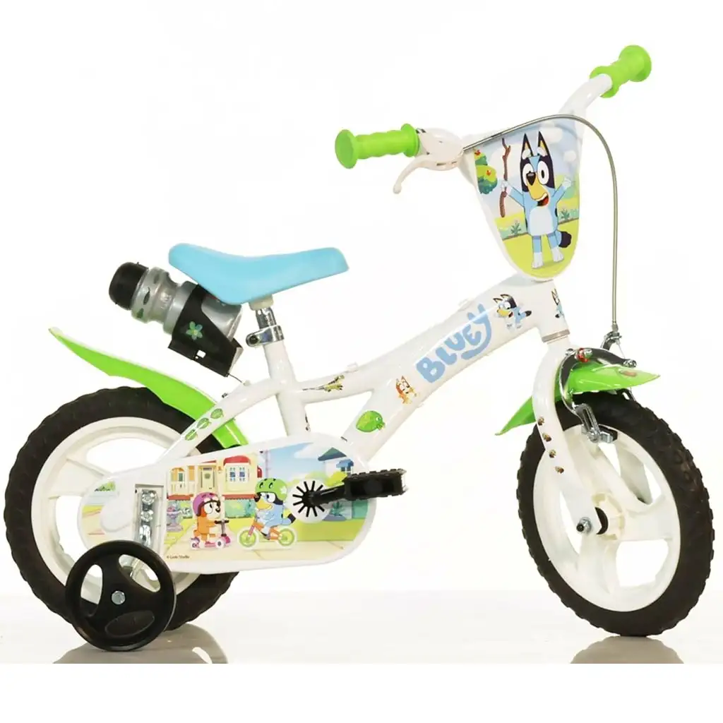 Bluey 12” gyerek bicikli kulacstartóval és oldalkerekekkel fehér-kék-zöld színben – Dino Bikes kerékpár kép 1