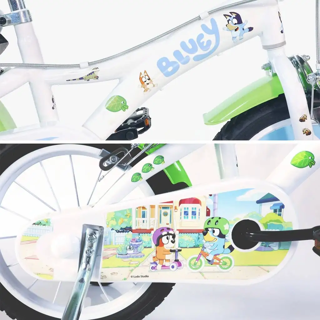 Bluey 14” gyerek bicikli kulacstartóval és oldalkerekekkel fehér-kék-zöld színben – Dino Bikes kerékpár kép 3