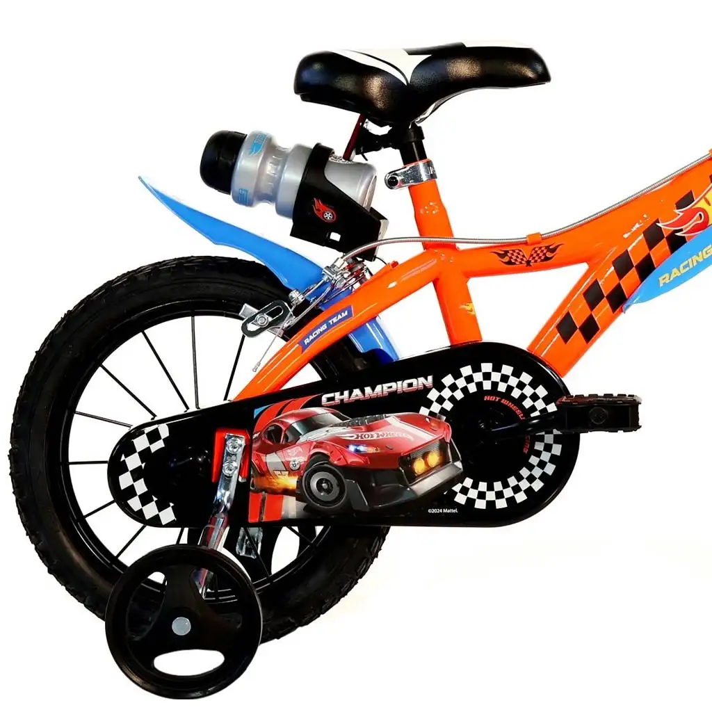 Hot Wheels 14” gyerek bicikli kulacstartóval és oldalkerekekkel narancssárga-fekete színben – Dino Bikes kerékpár kép 2