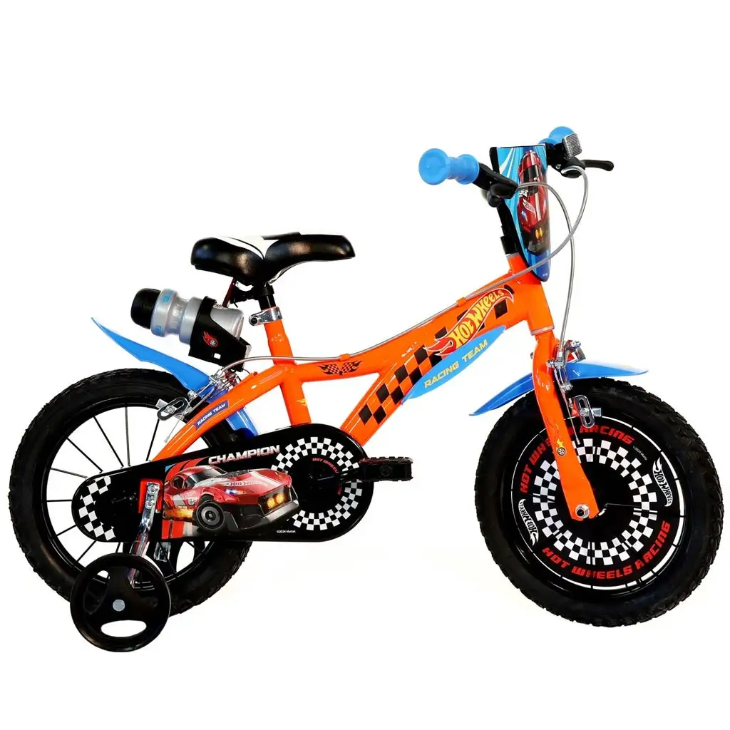 Hot Wheels 14” gyerek bicikli kulacstartóval és oldalkerekekkel narancssárga-fekete színben – Dino Bikes kerékpár kép 1