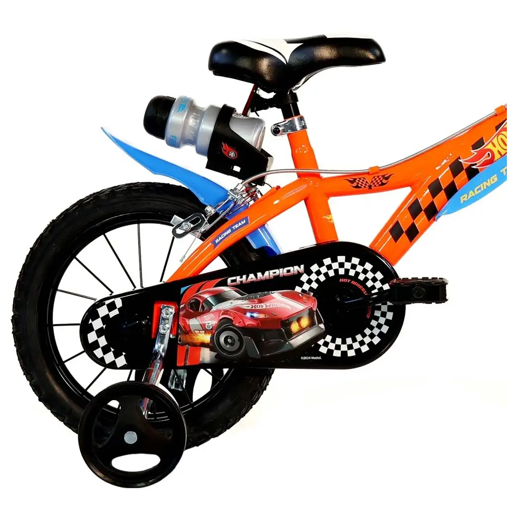 Hot Wheels 16” gyerek bicikli kulacstartóval és oldalkerekekkel narancssárga-fekete színben – Dino Bikes kerékpár kép 2