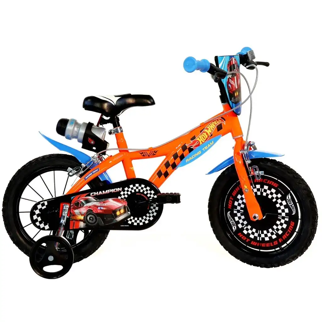 Hot Wheels 16” gyerek bicikli kulacstartóval és oldalkerekekkel narancssárga-fekete színben – Dino Bikes kerékpár kép 1