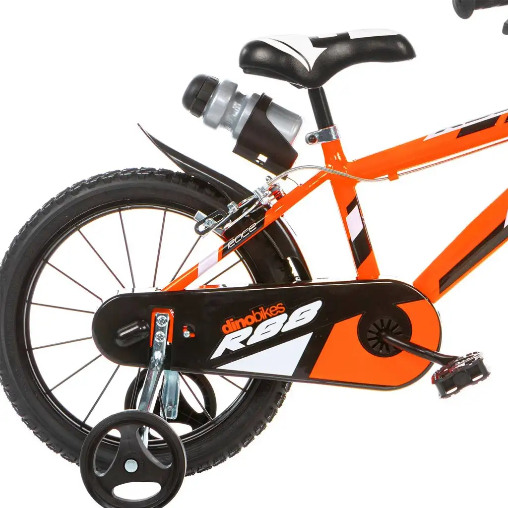R88 16” gyerek bicikli kulacstartóval és oldalkerekekkel narancssárga-fekete színben – Dino Bikes kerékpár kép 2