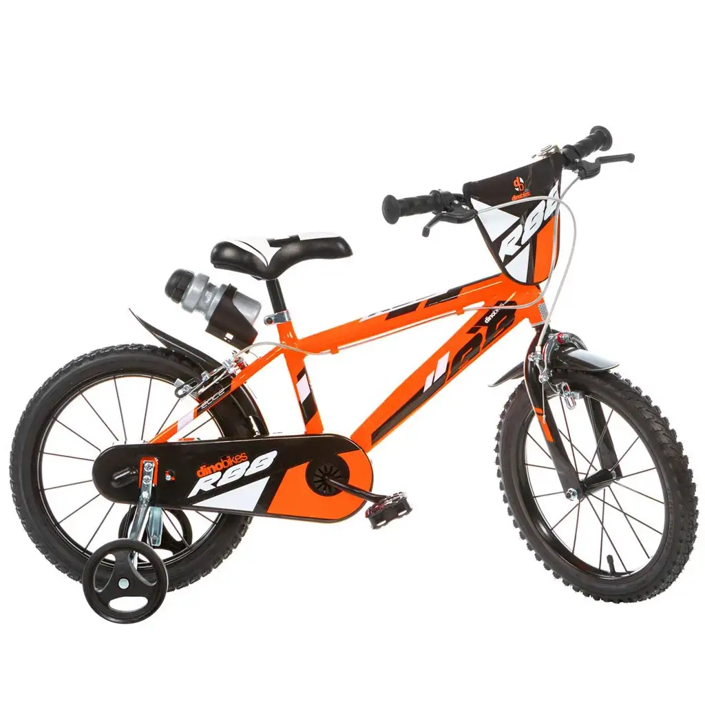 R88 16” gyerek bicikli kulacstartóval és oldalkerekekkel narancssárga-fekete színben – Dino Bikes kerékpár kép 1