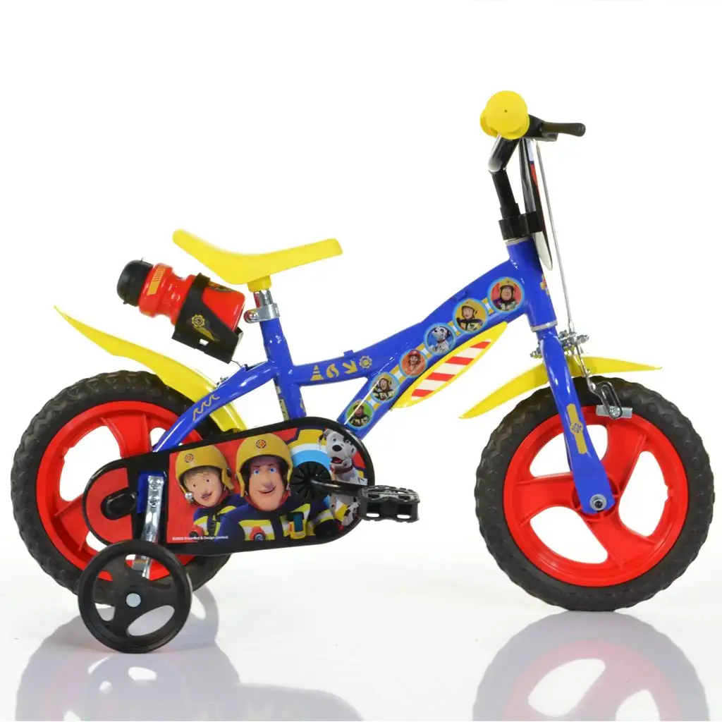 Sam, a tűzoltó 12” gyerek bicikli kulacstartóval és oldalkerekekkel kék-sárga színben – Dino Bikes kerékpár kép 1