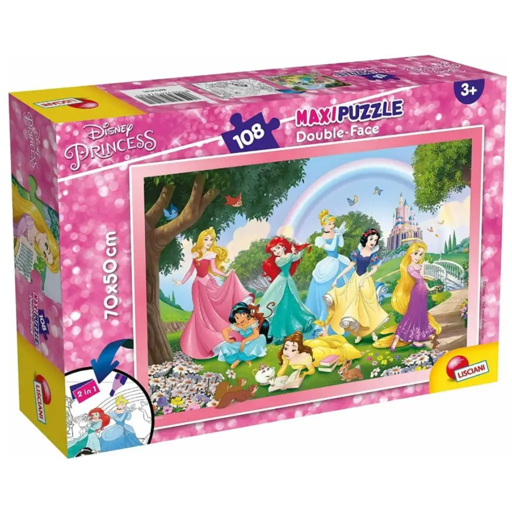 Disney Hercegnők szivárvány 2 az 1-ben 108db-os puzzle és színező 70x50cm - Lisciani kép 1