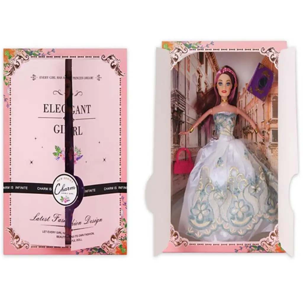Elegáns Divatbaba kiegészítőkkel fehér ruhában 30cm kép 1