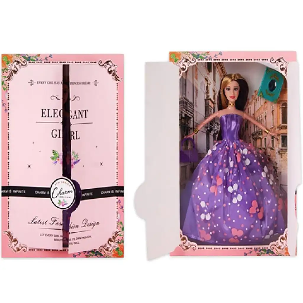 Elegáns Divatbaba kiegészítőkkel lila ruhában 30cm kép 1