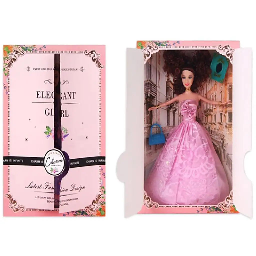 Elegáns Divatbaba kiegészítőkkel rózsaszín ruhában 30cm kép 1