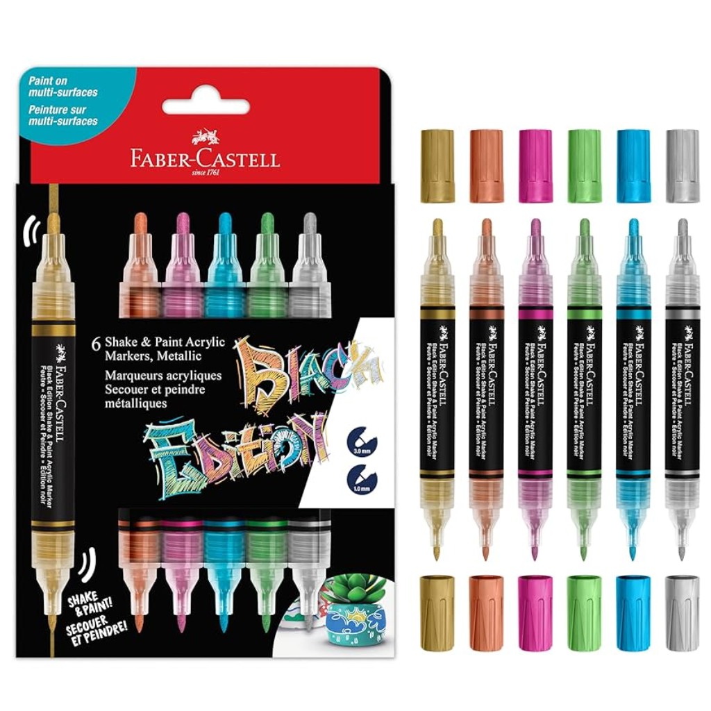 Faber-Castell: Black Edition Shake & Paint 2 végű 3mm-es és 1mm-es 6db-os színes metál marker szett kép 1