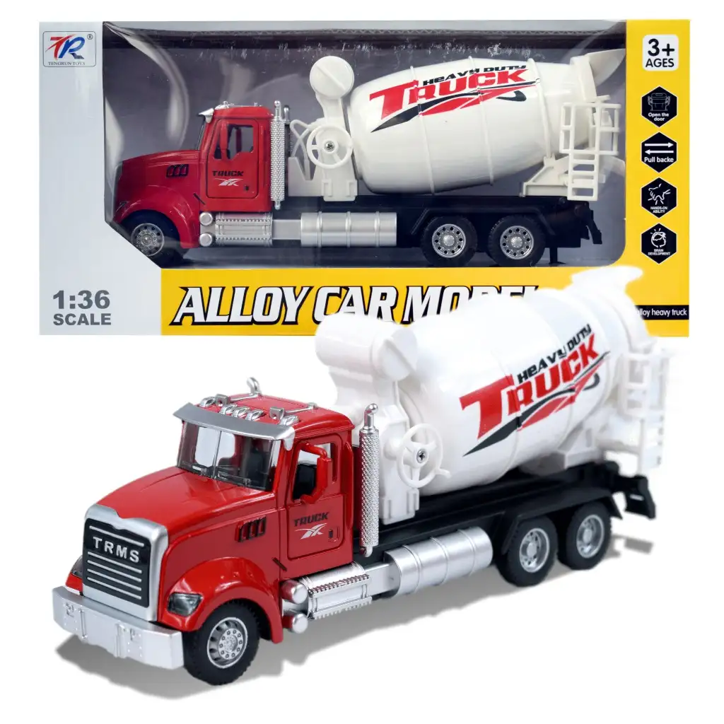 Heavy Duty Truck: Hátrahúzós fém betonkeverő mixer teherautó modell nyitható ajtókkal és forgó dobbal 1/36 kép 1