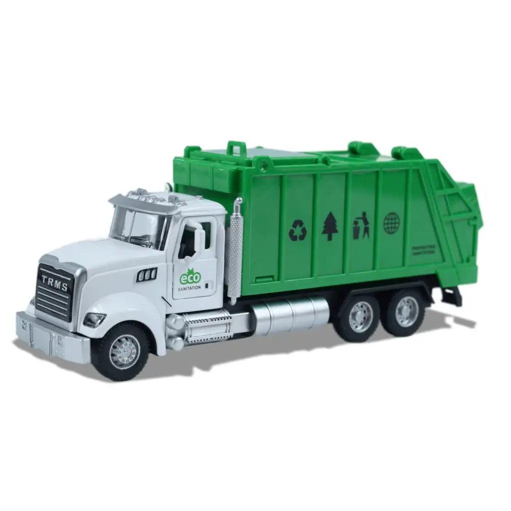 Heavy Duty Truck: Hátrahúzós fém szelektív hulladékgyűjtő teherautó modell nyitható ajtókkal és kukával 1/36 kép 3