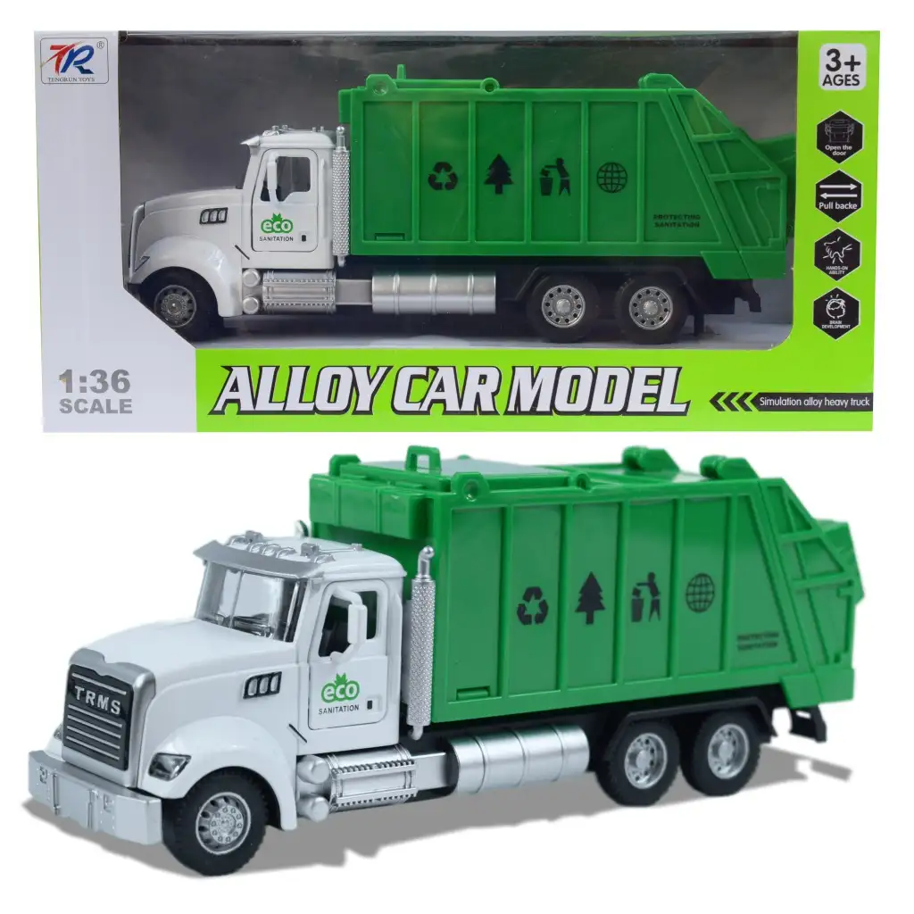 Heavy Duty Truck: Hátrahúzós fém szelektív hulladékgyűjtő teherautó modell nyitható ajtókkal és kukával 1/36 kép 1