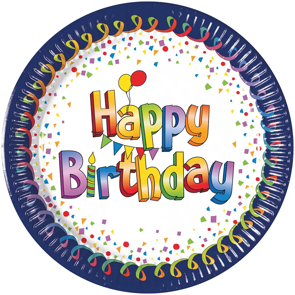 Színes szülinapi "Happy Birthday" feliratos papírtányér 8db-os szett 20cm kép 1