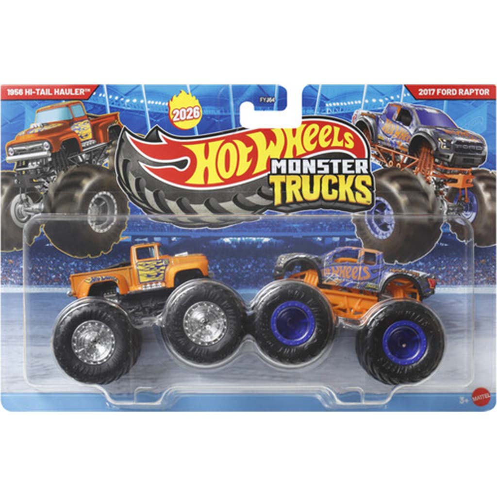 Hot Wheels Monster Trucks: 1956 Hi-Tail Hauler vs 2017 Ford Raptor kisautó 2db-os csomag 1/64 - Mattel kép 1