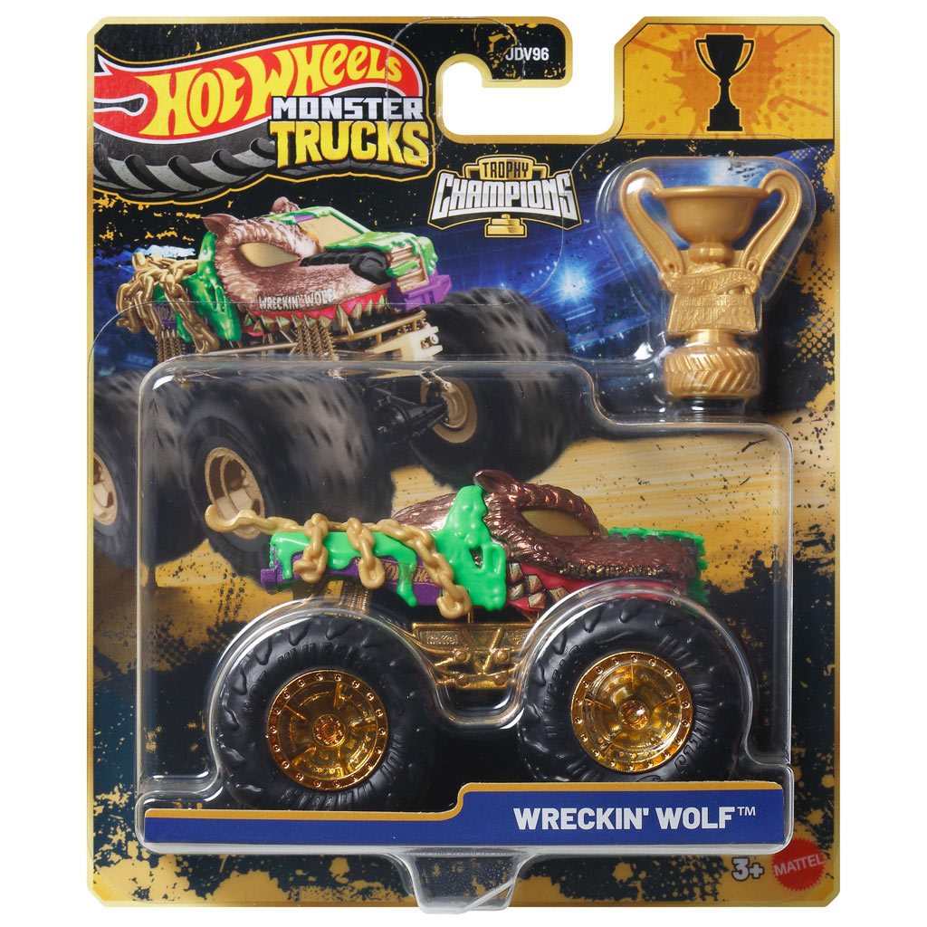 Hot Wheels Monster Trucks: Wreckin Wolf bajnok monster kisautó serleggel 1/64 - Mattel kép 1