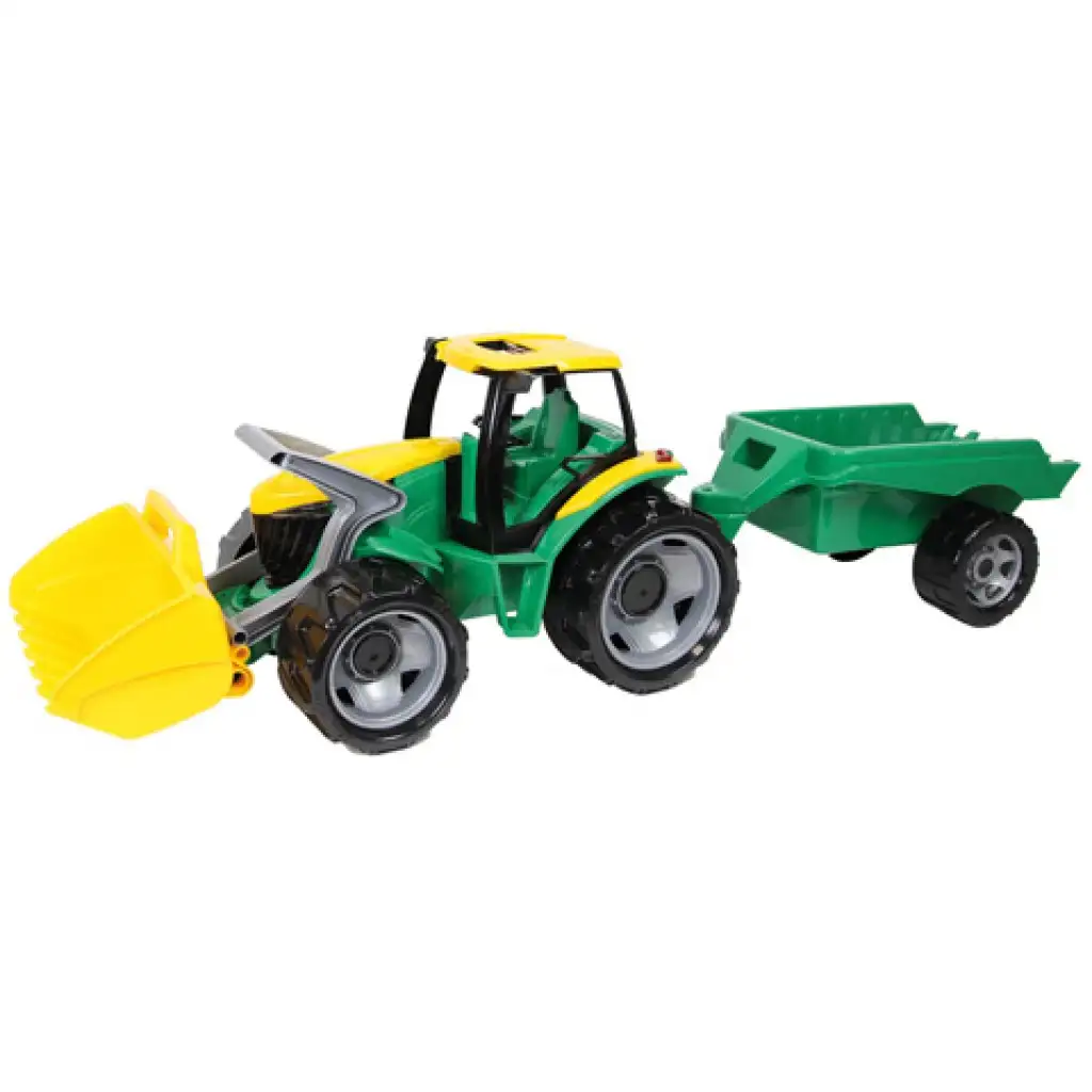 LENA: Óriás traktor homlokrakodóval és utánfutóval zöld/sárga 108cm kép 1