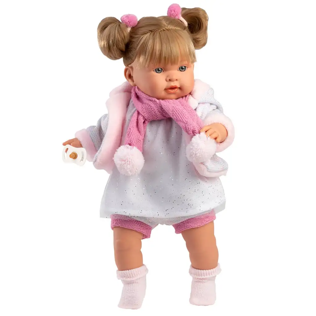 Llorens: Alexandra 42cm-es síró baba cumival rózsaszín bojtos sállal kép 1