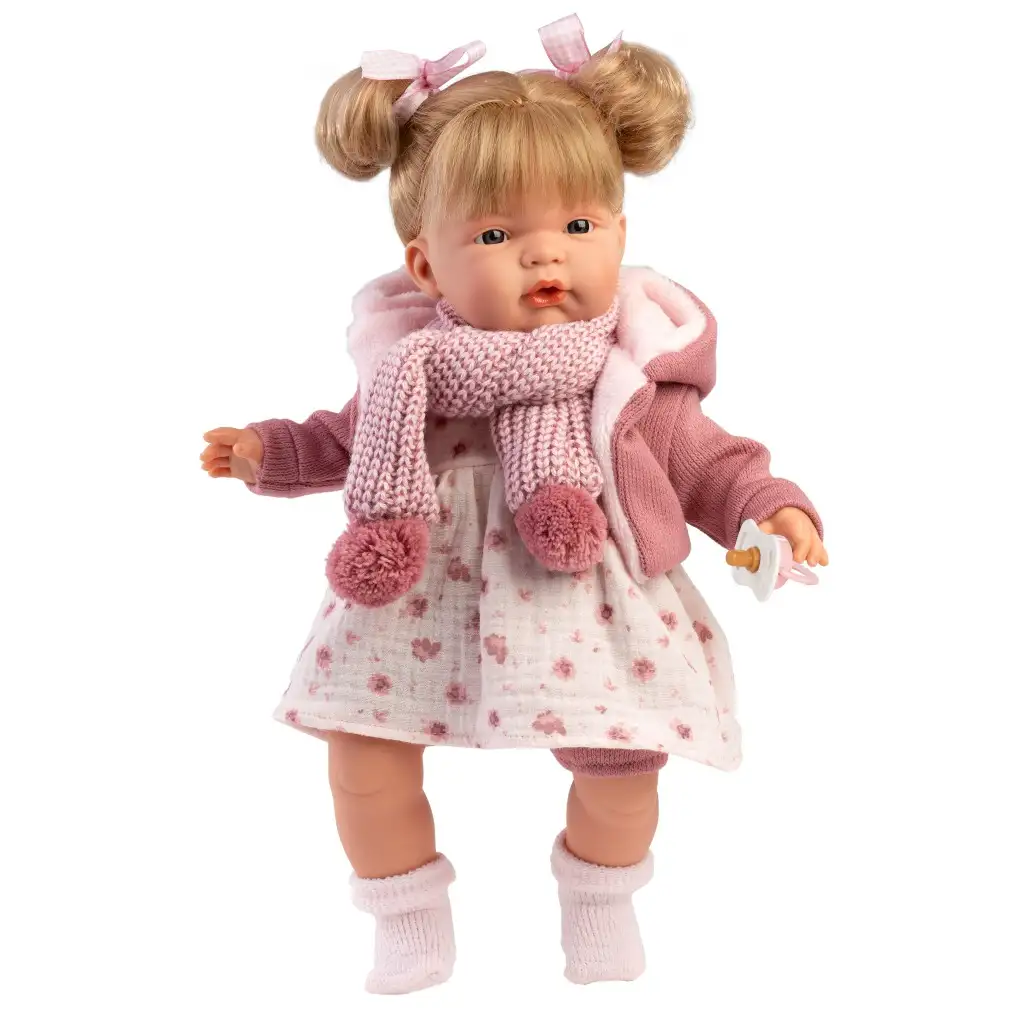 Llorens: Joelle 38cm-es baba hanggal kötött kabátban sállal kép 1