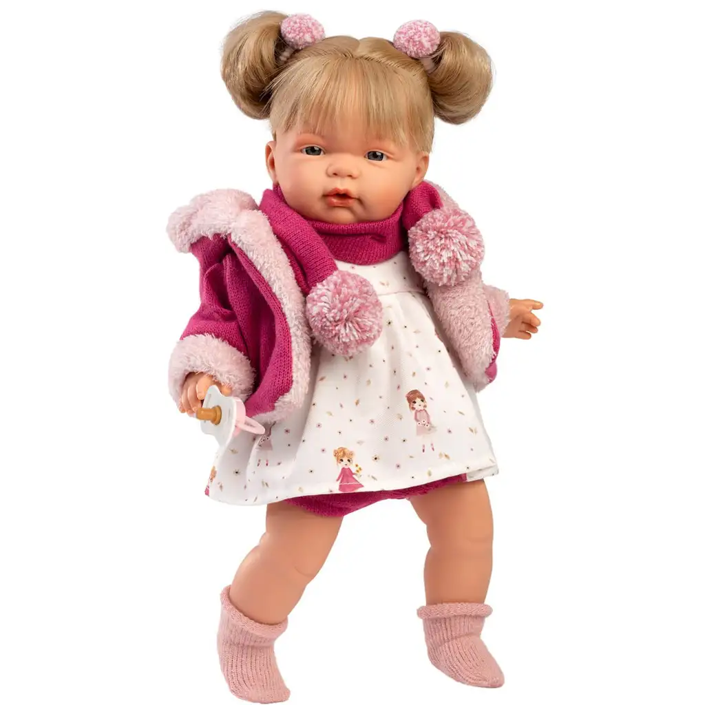 Llorens: Joelle 38cm-es síró baba cumival rózsaszín kabátban kép 1