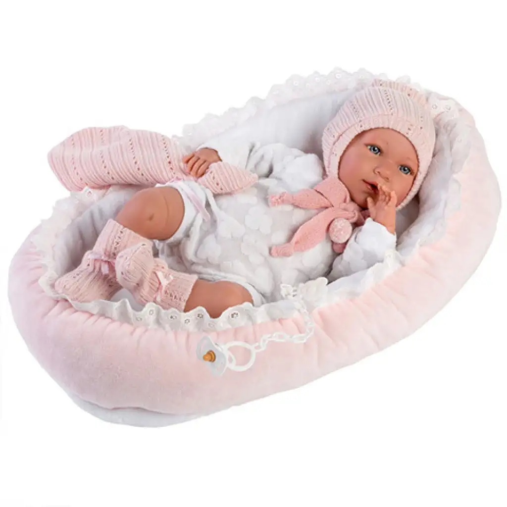 Llorens: Mimi 42cm-es síró kislány baba pink ruhában bölcsővel kép 5