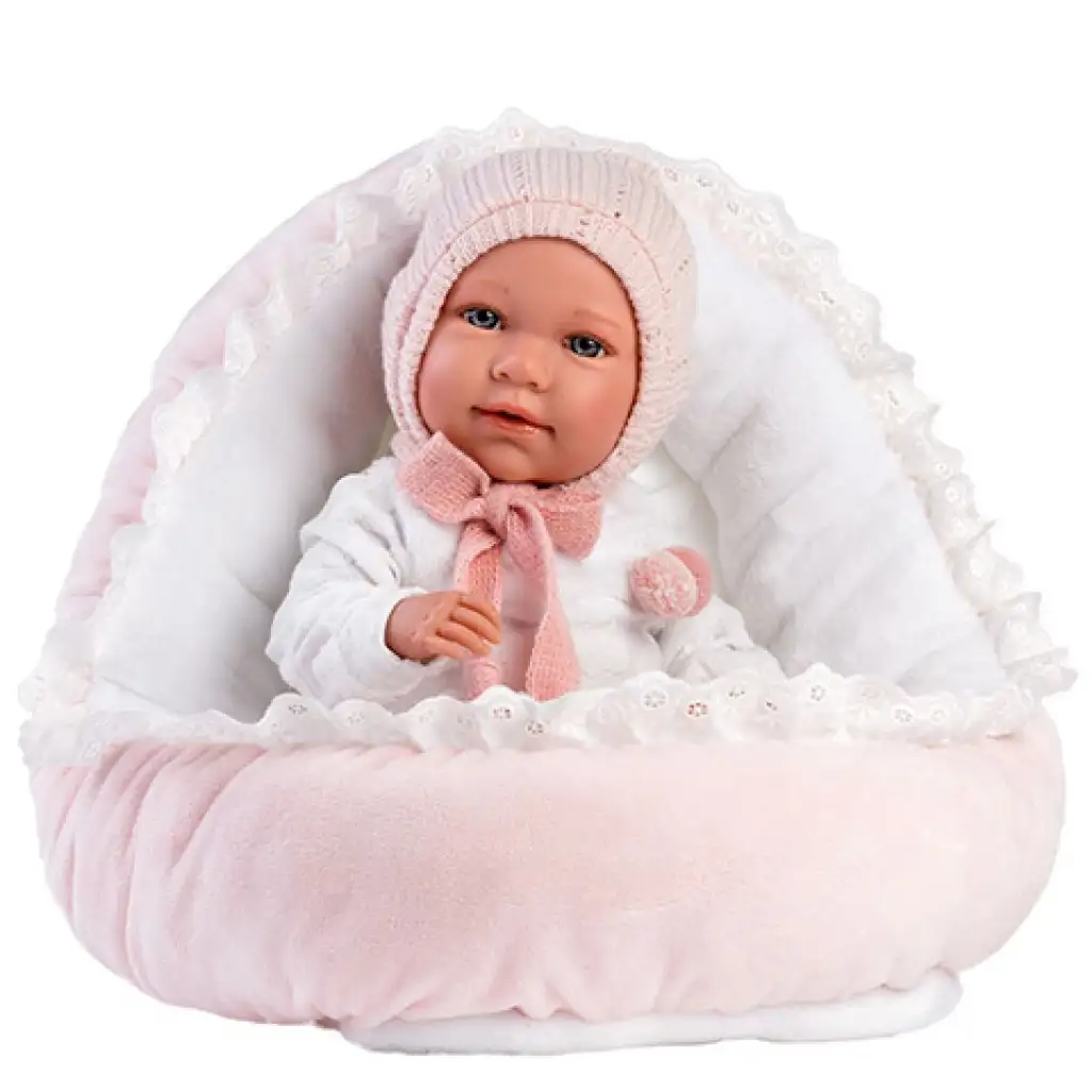 Llorens: Mimi 42cm-es síró kislány baba pink ruhában bölcsővel kép 1