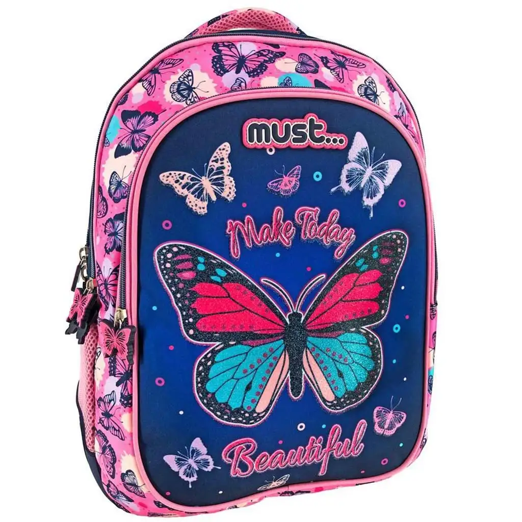 Must: Pillangó mintás háromrekeszes iskolatáska, hátizsák 32x18x43cm kép 1