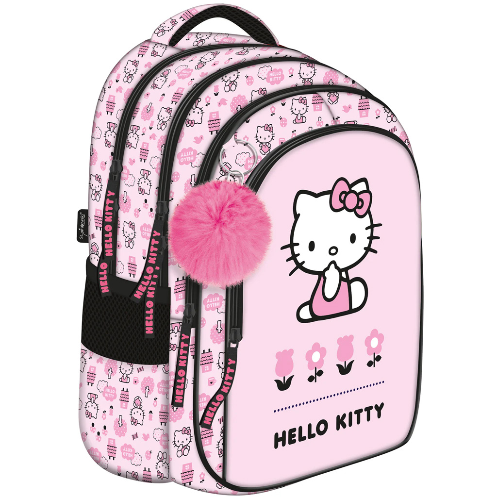 Rózsaszín Hello Kitty mintás 4 rekeszes iskolatáska, hátizsák pomponnal BPL58 40x28x18 cm kép 1
