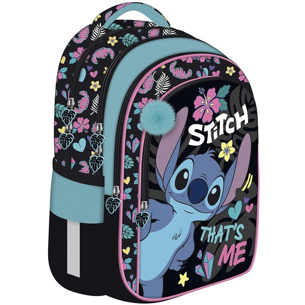 Disney Stitch mintás 4 rekeszes iskolatáska, hátizsák kék pomponnal BPL58 40x29x19 cm kép 1