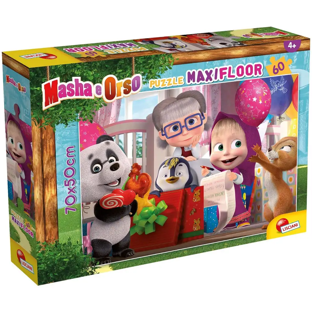 Mása és a medve meglepetés buli 60db-os maxi padló puzzle 70x50cm - Lisciani kép 1