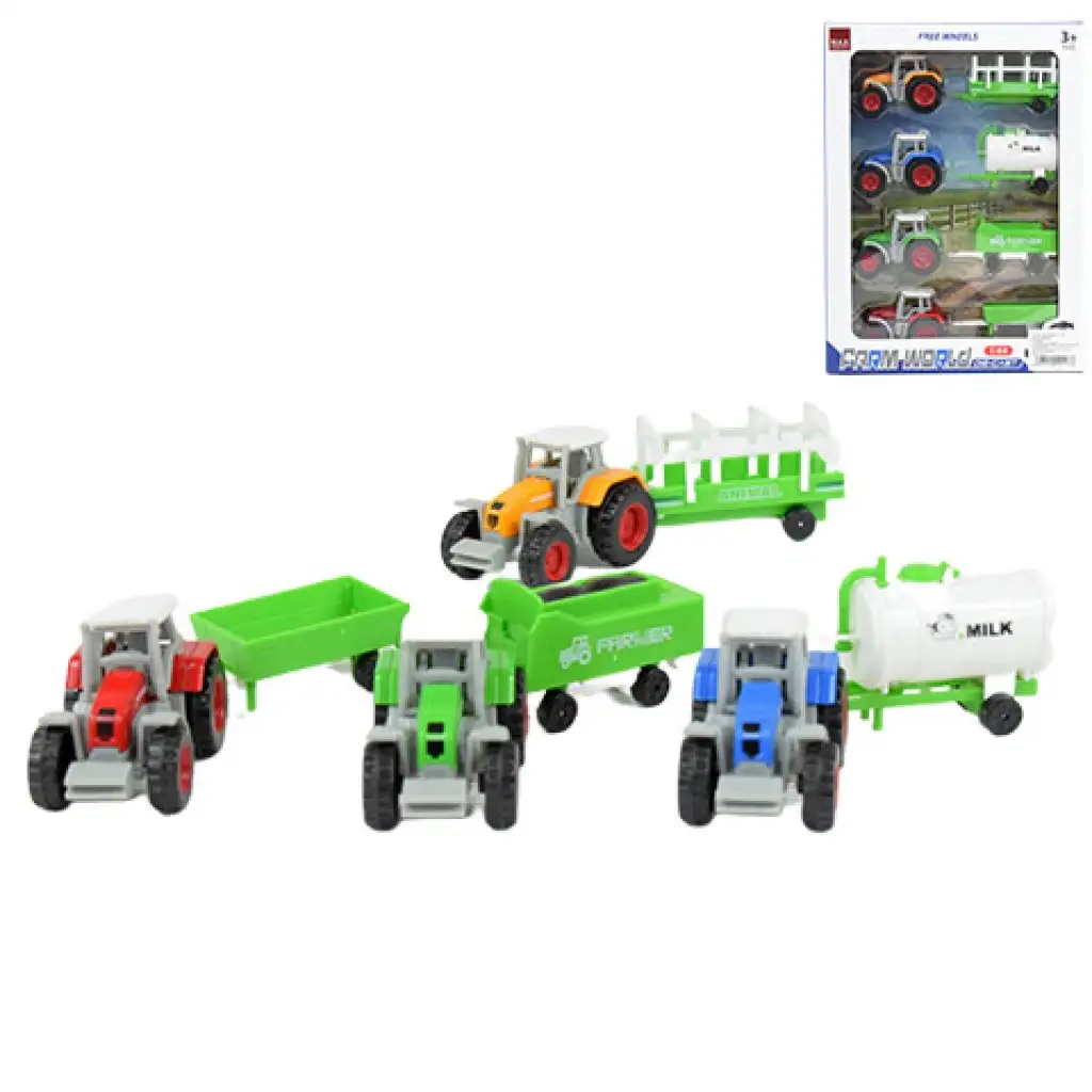 Farm World: 4 db-os mezőgazdasági traktor szett utánfutóval 1/64 kép 1