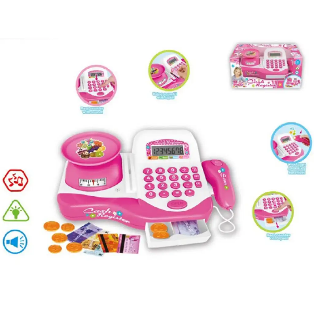 Elektromos pénztárgép pink színben, mérleggel és kiegészítőkkel kép 1