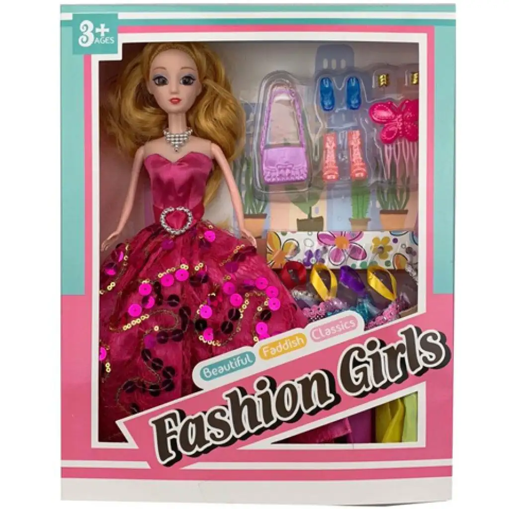 Divatbaba pink flitteres báli ruhában kiegészítőkkel 28cm kép 1