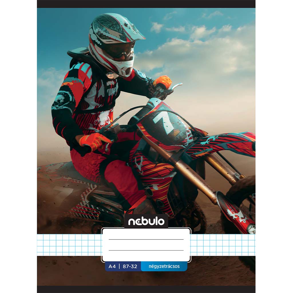 Nebulo: Tűzött kockás motocross mintás füzet 87-32 A/4 kép 1