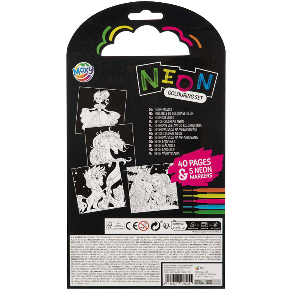 Unikornis és hercegnő mintás 40 lapos kifestő készlet 5db neon filctollal kép 2