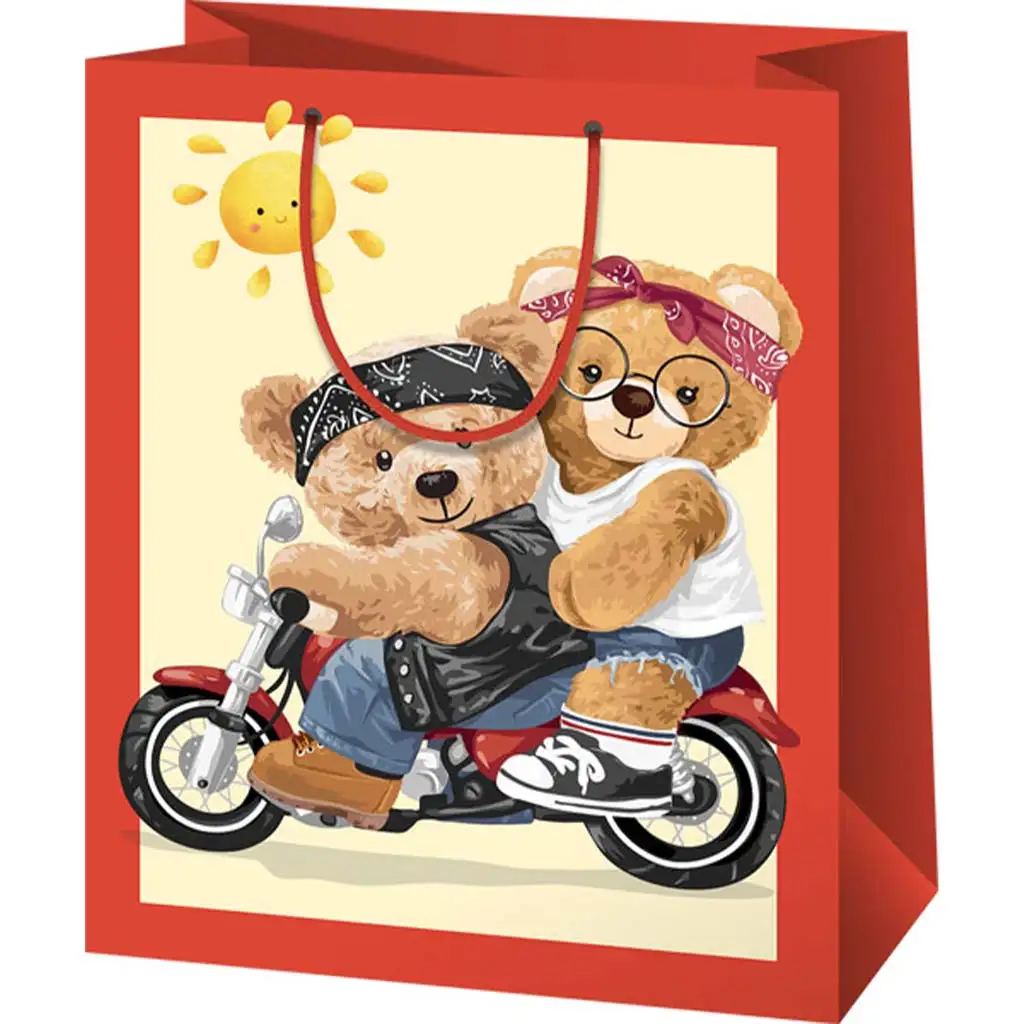 Motorozó mackók mintás nagy méretű exkluzív ajándéktáska 27x14x33cm-es kép 1
