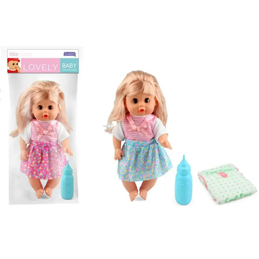 Pislő baba masnis ruhában kiegészítőkkel 30cm kép 1