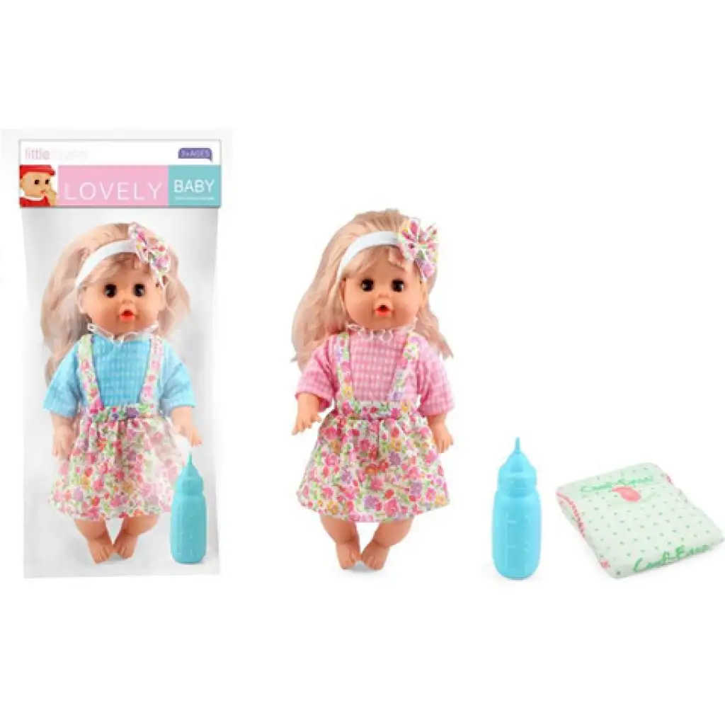 Pislő baba virágos szoknyában kiegészítőkkel 30cm kép 1