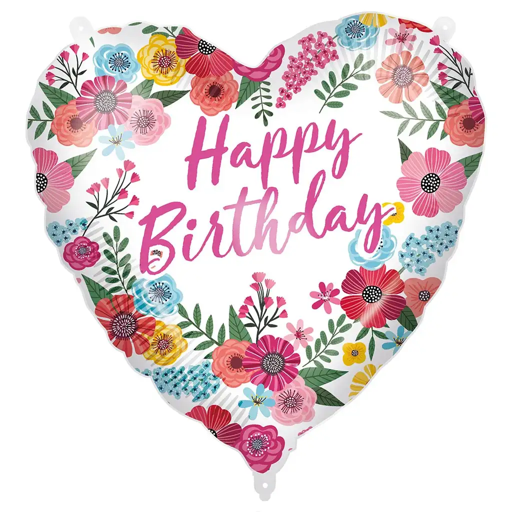 Szülinapi fólia lufi – „Happy Birthday” felirattal, szív alakú, virágos mintával 46cm kép 1